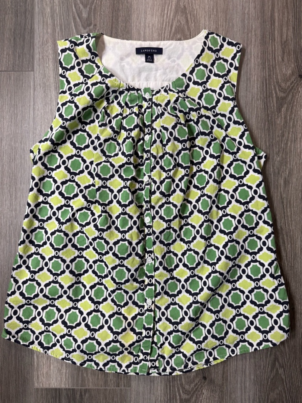 Lands End Button Front Sleeveless Top Womens M Pleated Geometric Green Preppy